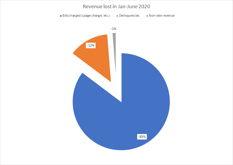 This graph shows revenue lost from January-June 2020. 85% from bills charged, 12% from delinquencies, and 1% from non-rate revenue.